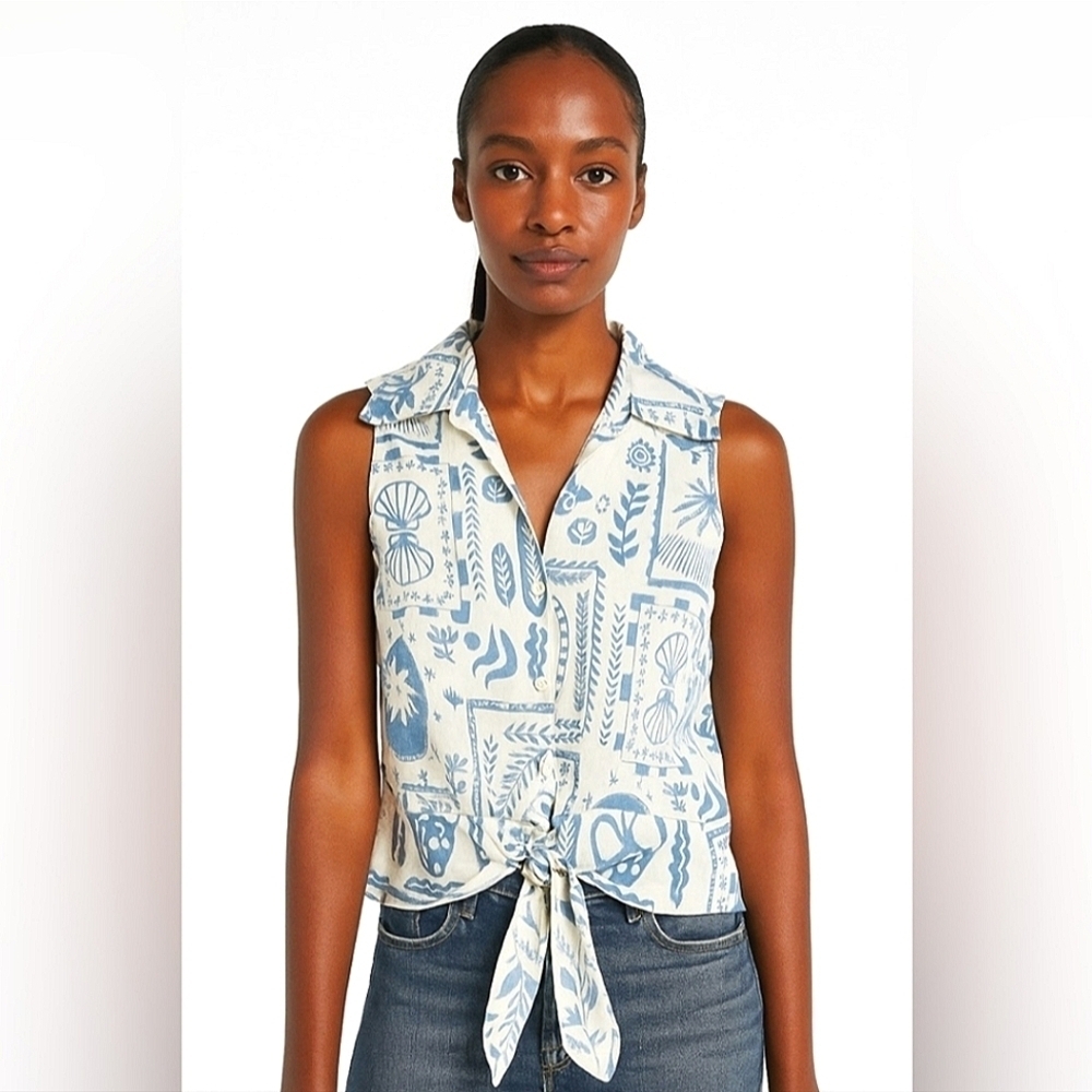 Calypso St. Barth Sleeveless Button-Down Tie Front Top in Blue and White
